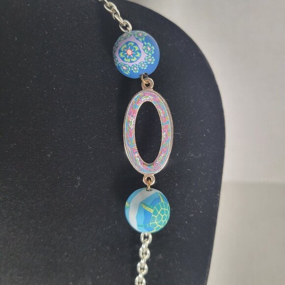 Viva Beads Retro Blue Turtle Floral Clay Beads Silver-Tone Chain 36" Necklace - Picture 4 of 6